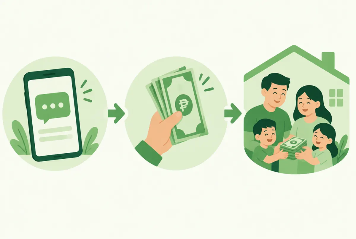 Ilustración de tres pasos para enviar un giro: escribir, pagar en pesos y la familia recibe