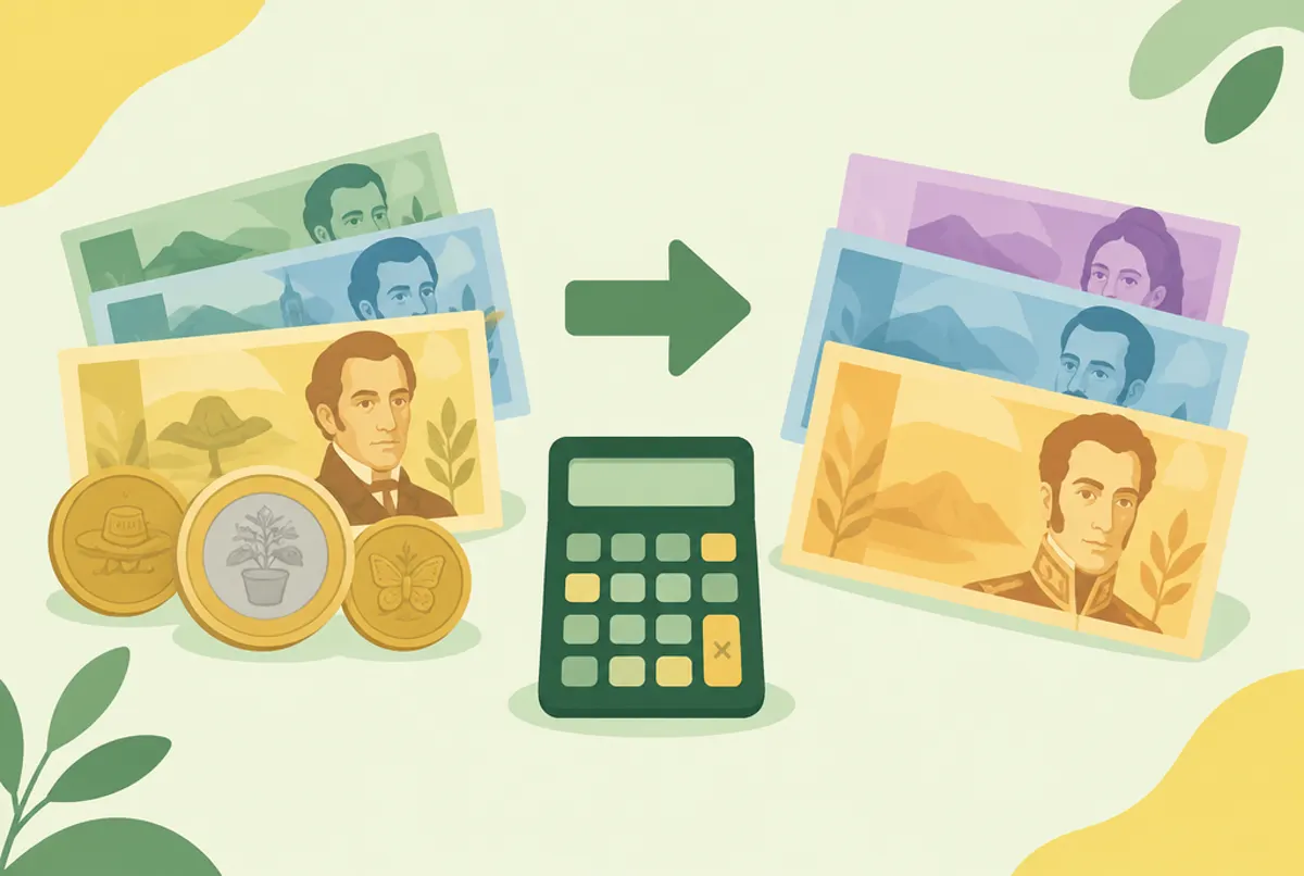 Ilustración de pesos colombianos convertidos a bolívares venezolanos con una calculadora