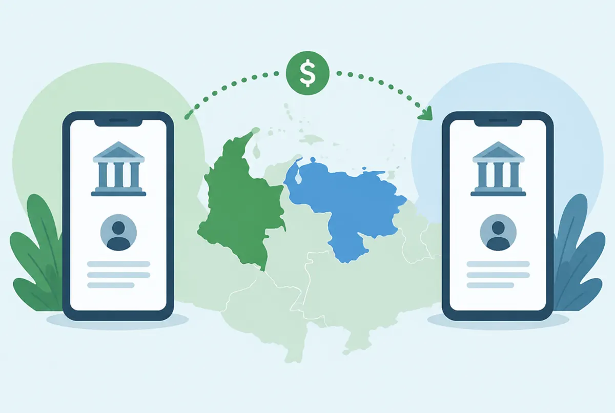 Ilustración de una transferencia de dinero de Colombia a Venezuela entre dos celulares