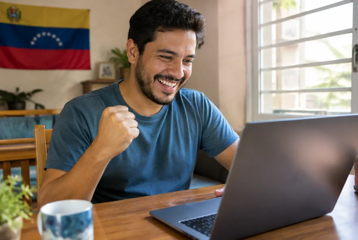 Hombre en Venezuela revisa en su computador la transferencia recibida desde Colombia